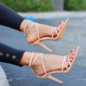 Nude Strappy Pointed Ankle Strap High Heels